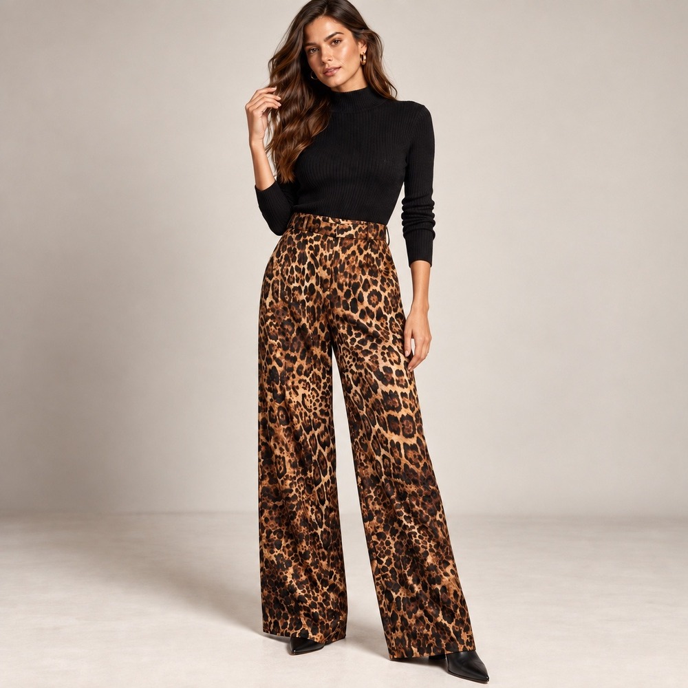 Zara Leopard Satin Pants Wide Leg Animal Print Statement Chic Size M